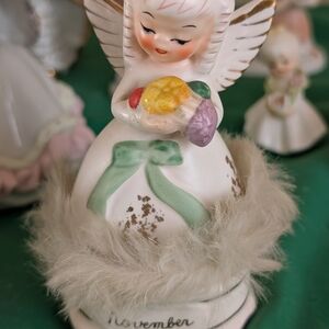 Vintage November Birth Angel Figurine with Green Bow, Thanksgiving. Very Rare